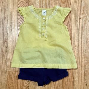 Carter’s Yellow Embellished Top with Soft Navy Blue Shorts - Size 18 Months